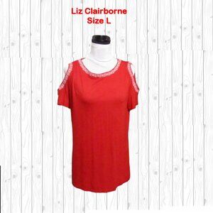 Liz Clairborne womens top blouse size L cold shoulders red